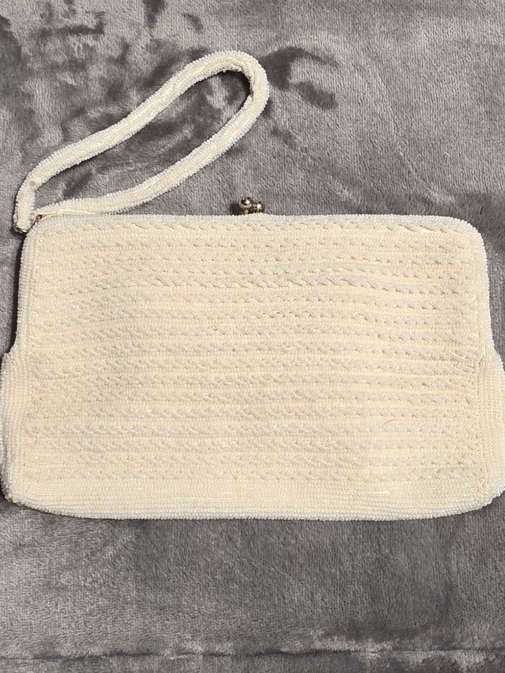 1950s Cream Glass Beaded Wristlet Clutch Handmade In Japan By Walborg